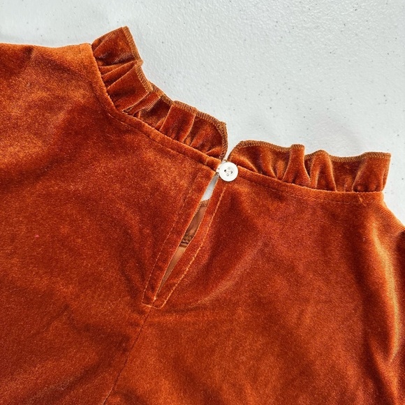 Shein Clasi Frill Trim Puff Sleeve Velvet Blouse Rust Brown Burnt Orange - Picture 9 of 10